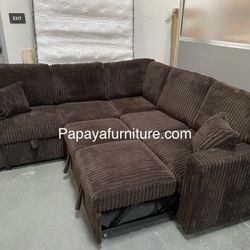 New! Plush Chocolate Sectional Sofa Bed With Storage, Brown Sectional, Sofa, Couch, Corduroy Sectional Couch With Pull-out Bed, Sofabed, Sleeper Sofa 