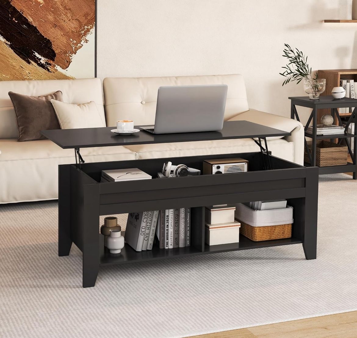 Black Coffee Table, Lift Top Coffee Tables with Hidden Storage Compartment & Open Shelf