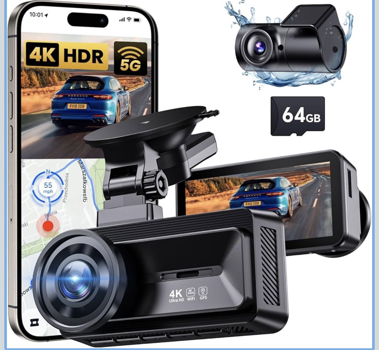Dash Cam Front Rear - 4K+1080P Full HD Dashcam Free 64GB Card, with 5G WiFi GPS, Dual Dash Camera for Cars with 3" IPS Screen, Night Vision, HDR, App 