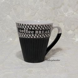 Coffee Break Black White Ceramic Coffee Mug Embossed Ribbed Cup Replacement Mug