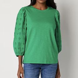 St. John's Bay Womens Crew Neck 3/4 Sleeve Embroidered Blouse Cotton Sz S New 