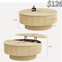 😀 33" Round Coffee Table with Lift-Top & Flip-Top Storage, Modern Accent Fluted Coffee Tables with Metal Frame, Wooden Circle Center Table for Living
