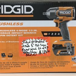 Ridgid 18V Brushless 4-Mode 1/2” Mid-Torque Impact Wrench Kit W/ 4.0 Battery & Charger Brand New 