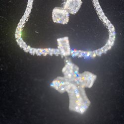 18 k Gold Plated 3D Cross Pendant, Tennis Chain And Earrings