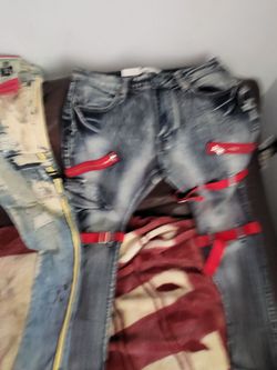 Men's Distressed Jeans with Red Zipper Detail