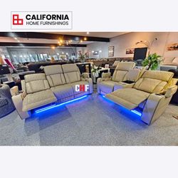 Modern Beige Power Reclining Sofa & Loveseat / Leather Recliner with LED Lighting & Drop Down Console