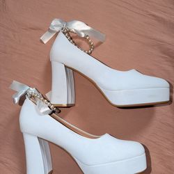 Pastel Blue Pearl-Embellished Platform Pumps with Satin Ankle Tie