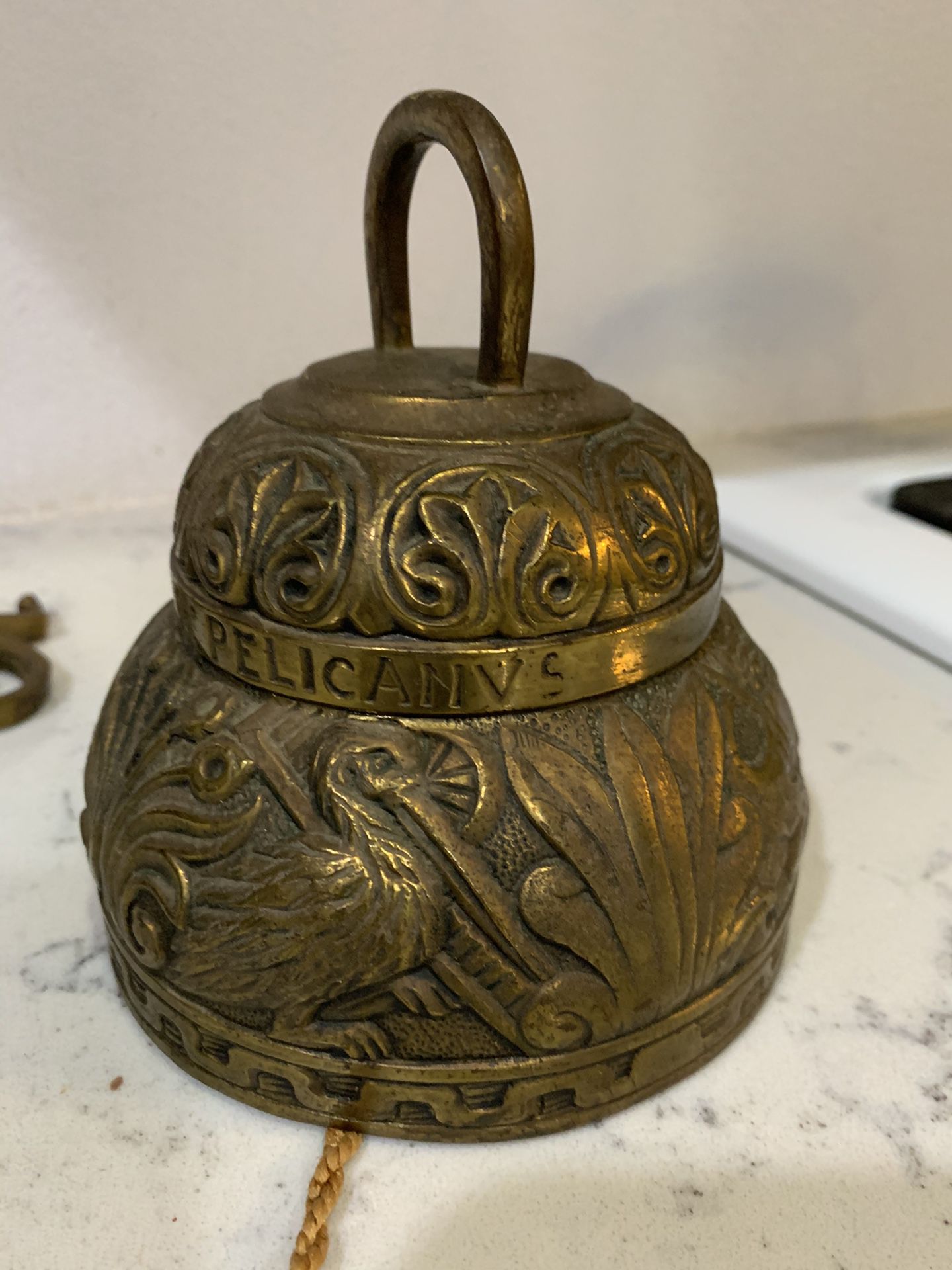 Vintage Brass Sanctuary Bell LEO X AQVILA AGNVS X PELICANVS England - Bracket