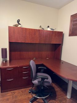 Mahogany desk & cabinets, chair