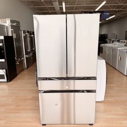 New Samsung BESPOKE 23 cu. ft. 4-Door Counter-Depth Smart Fridge with Beverage Center – Stainless Steel (RF23BB8600QLAA)