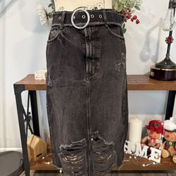 ZARA Trafaluc Black Denim Ripped Distressed Midi Skirt Size Small