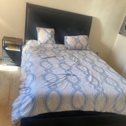 Queen Bed Frame With Box Spring And Night Stand With Charging Station 