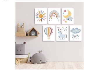 AUIAU Boho Rainbow Nursery Canvas Wall Art Nursery Rainbow Decor Framed Prints Sun and Moon Weather Theme Unicorn Cloud Kids for Baby Girl Boy Playroo