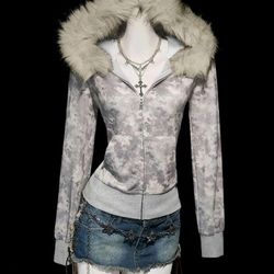 Women's Fitted Vintage Gothic Faux Fur Collar Camouflage Print Long Sleeve Hoodie Jacket, Slimming & Versatile, Autumn/Winter