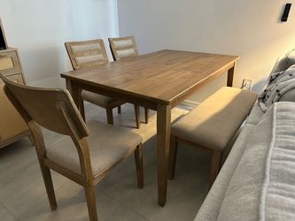 Dining Table, Natural Wood, 4 Chairs, 1 Bench (Seats 6)