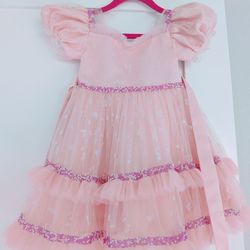 Princess Pink Tulle & Ruffle Party Dress - Butterfly Sequin Details