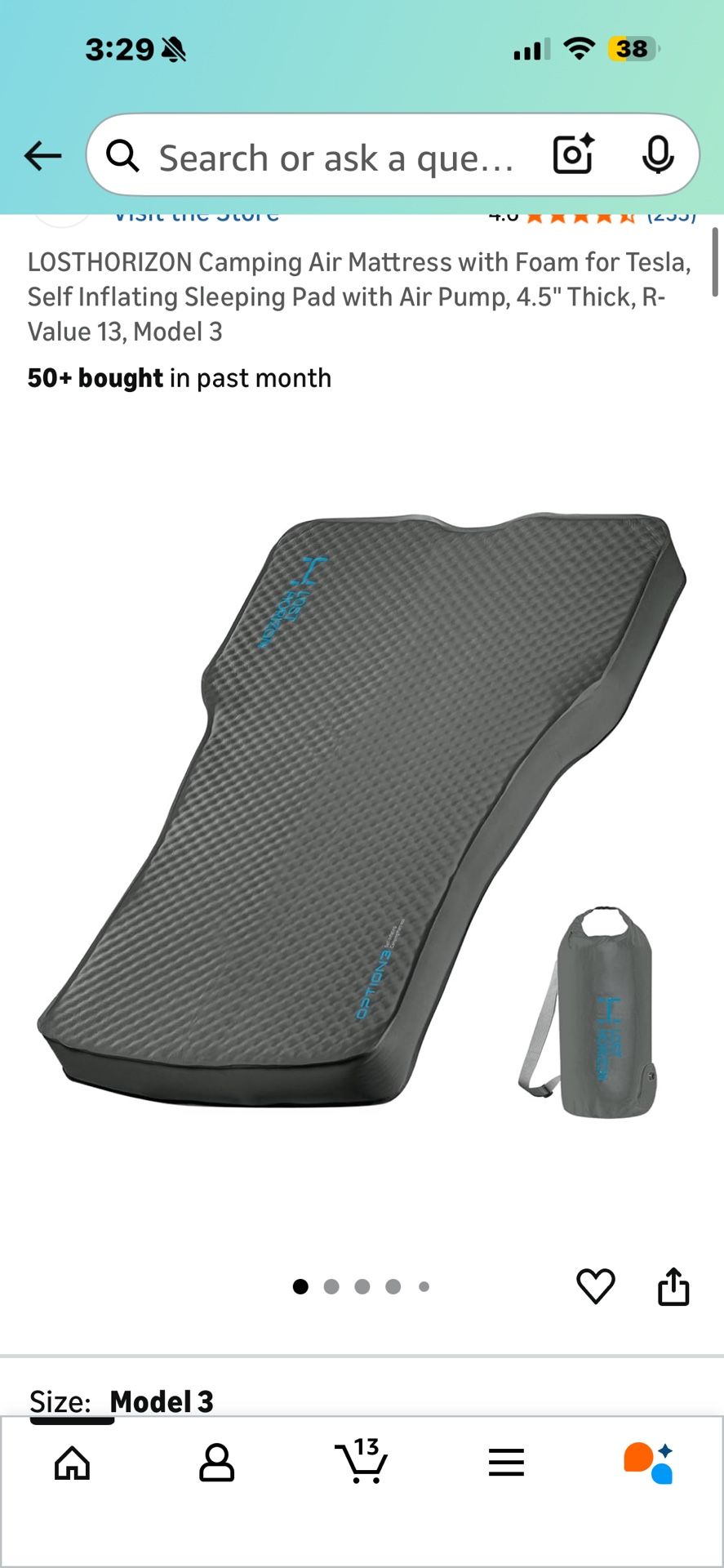 LOSTHORIZON Camping Air Mattress with Foam for Tesla, Self Inflating Sleeping Pad with Air Pump, 4.5" Thick, R-Value 13, Model 3