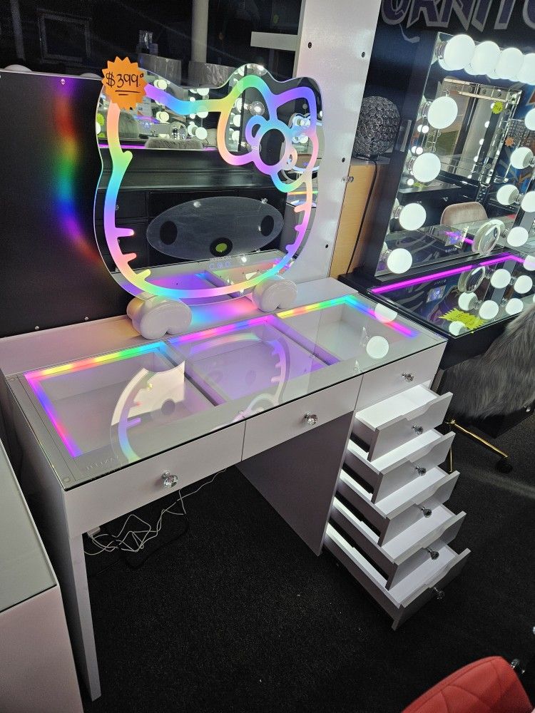 Brand New Vanity 8 Drawers With RGB Light Hello Kitty Mirror RGB Bluetooth Speaker, USB & Tpe C Outlet $1099