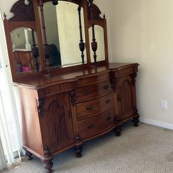 Antique Carved Wood Buffet With Mirror. 