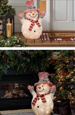 26 in. Lighted White Tinsel Frosted Snowman with Red Top Hat, Outdoor Christmas Decoration