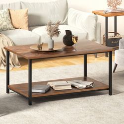 Small Brown Rectangle Wood and Metal Coffee Table with Storage Shelf for Small Living Rooms

