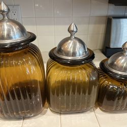 Set of 3 Vintage Amber Glass Canisters with Metal Lids