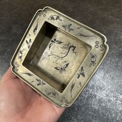 Antique Chinese Qing Dynasty Feng shui White Brass Koi Fish Scholars Ashtray