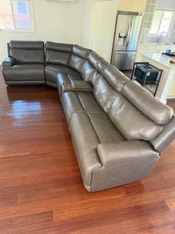 Large Gray Leather Sectional Sofa with Recliners