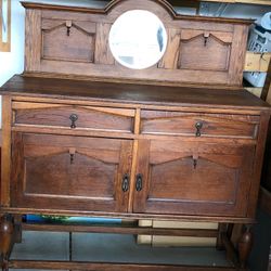 Antique Wooden Sideboard with Mirror – Solid Oak – 48”W x 18.5”D x 51”H