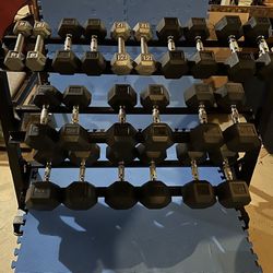  Rubber Hex Weight Set And Rack 580 Lbs Total 