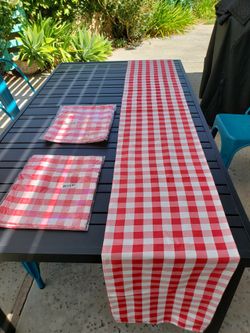 3 red and white Chuck table runners 13 and a 1/2 inches wide and 108" long