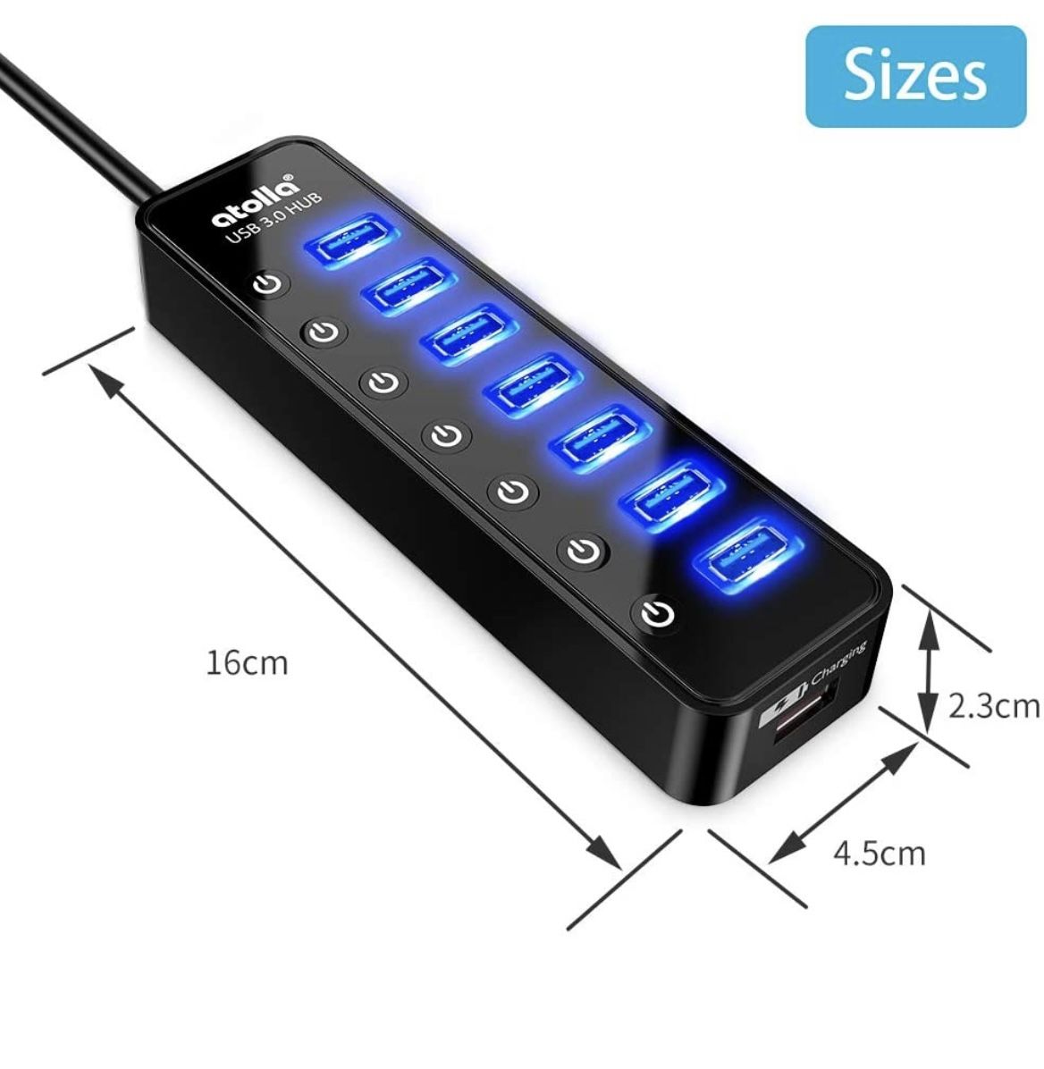 Powered USB Hub 3.0, 7-Port USB Data Hub Splitter with One Smart Charging Port