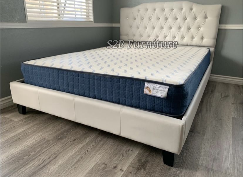 Queen White Crystal Button Bed With Ortho Matres!!