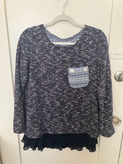 Marled Navy Knit Sweater with Daisy Pocket & Pleated Hem, Size L