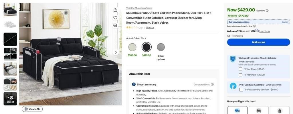 NEW IN BOX Sofa Bed with Phone Stand, USB Port, 3-in-1 Convertible Futon Sofa Bed, Loveseat Sleeper for Living Room/Apartment, Black Velvet