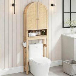 Natural Over The Toilet Storage Cabinet with Arched Rattan Doors and Adjustable Shelf