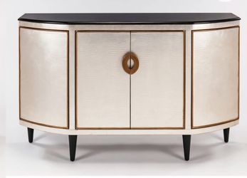 Handpainted Cabinet 63x17x40" Finish: Soft silverleaf crackle finish w/antiqued gold trim and door pulls. Black granite top and black legs