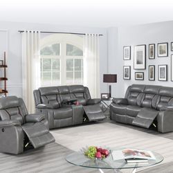 Brand New Grey Leather 3pc Power Reclining Sofa Set 