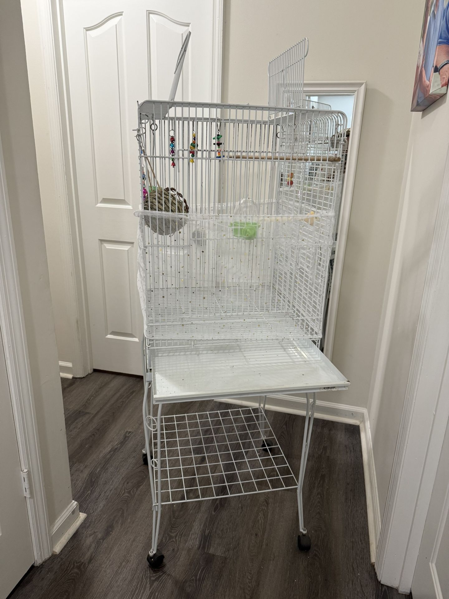 Open Top Medium Metal White Bird Cage With Stand