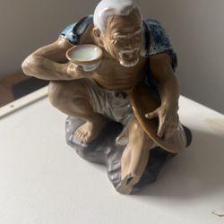 Vintage Shiwan Chinese Mudman Statue Figurine Sitting Old Man Eating 5.5”x5