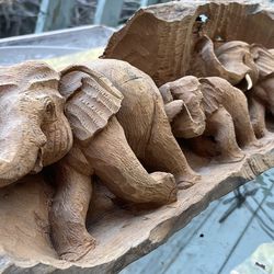 Indian Hand-carved Elephant Family on Rain Wood
