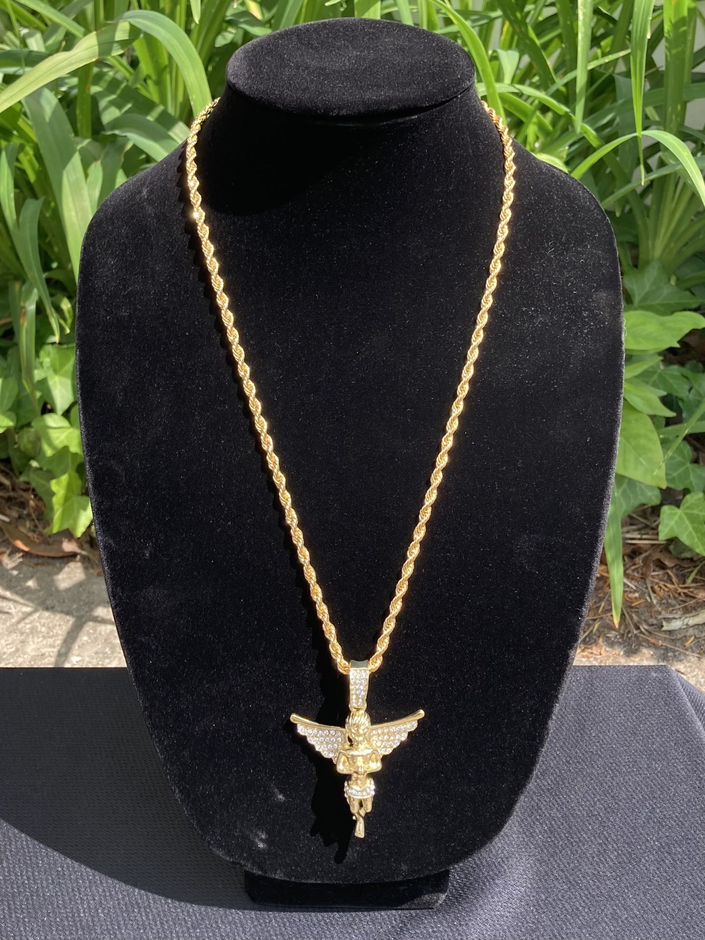 Gold Chain Rope Chain Necklace 24in 4mm And Icy Angel Pendant Set 
