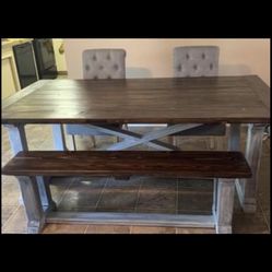 Farm style Dinning Table, Bench And Two Chairs.