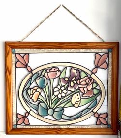 Floral Stained Glass Window Panel-Wooden Frame with Heavy Duty Decorative Chain. 21x17 Vintage!