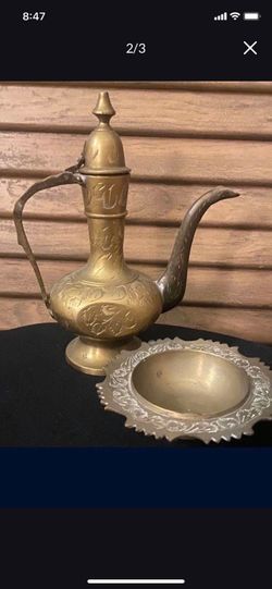 Vintage Etched Brass Teapot & Dish
