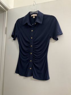 Michael Kors Navy Blue Ruched Short Sleeve Button-Down Top Size XS like new