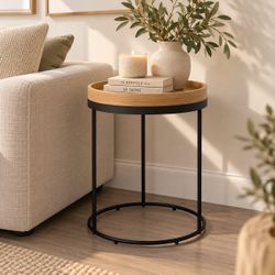 Modern Round Side Table with Wood Tray Top & Black Metal Frame