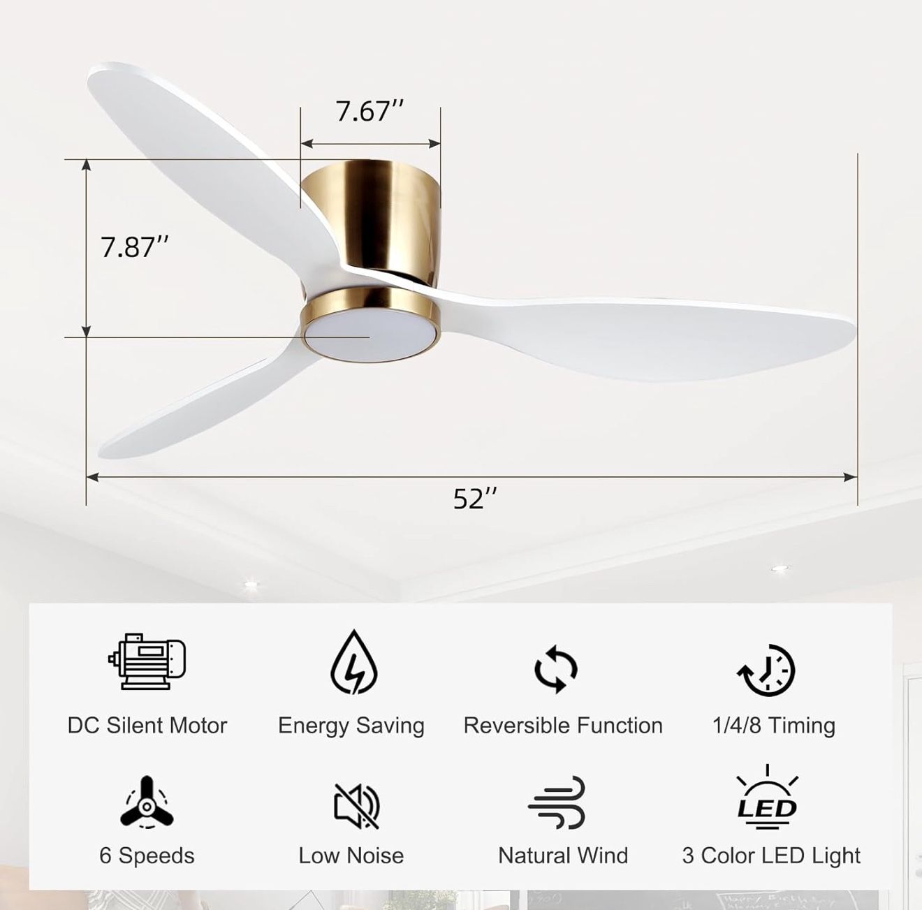 reiga 52 Inch Flush Mount White Ceiling Fan with Light Remote Control, Quiet DC Motor Low Profile 3 Wood Blade Modern Ceiling Fans for Patio Kitchen L