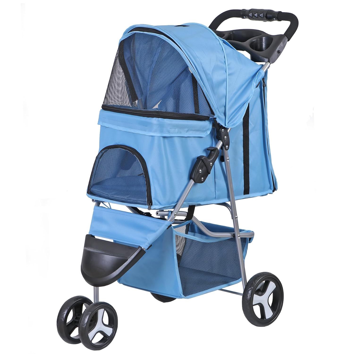New Foldable Pet Stroller 3 Wheels for Cats and Dogs Carrier Strolling Cart with Storage Basket