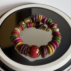 Authentic Indian Hand Crafted Beaded Wire Wrap Bracelet Multicolor Wood Metal